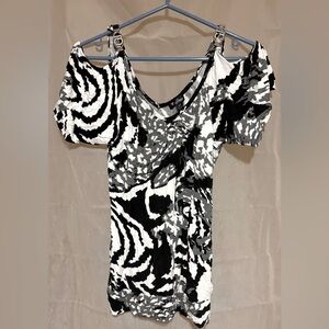 Guess Vintage Monochrome Animal Print Top-W/ Cold Shoulder Sleeves W/Metal Logo